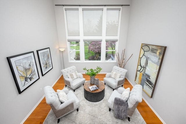 living area featuring baseboards, a high ceiling, and wood finished floors