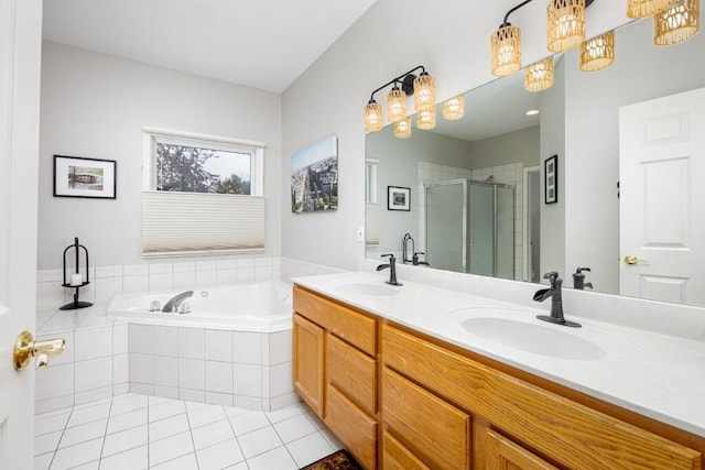 full bath with double vanity, a bath, tile patterned floors, a sink, and a stall shower