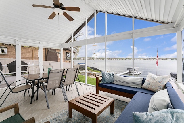 23848 Brady St, Edwardsburg, MI 49112 - sunroom featuring outdoor lounge area, floor to ceiling windows, ceiling fan, and hardwood / wood-style flooring
