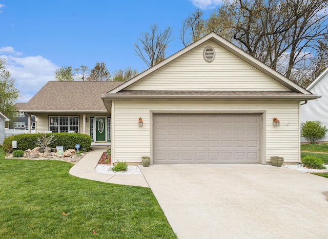 single story home with concrete driveway, roof with shingles, an attached garage, and a front yard