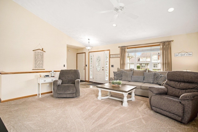 living area featuring ceiling fan, carpet, recessed lighting, baseboards, and vaulted ceiling