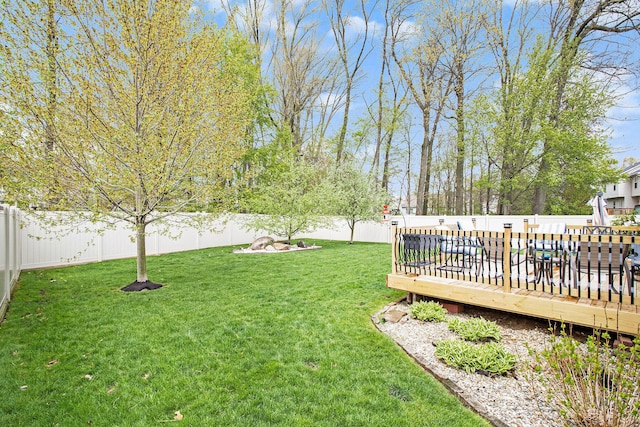 view of yard featuring a fenced backyard and a wooden deck