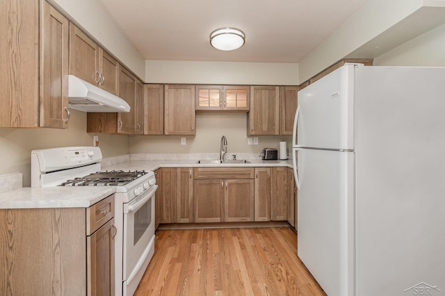 kitchen featuring a sink, light wood finished floors, white appliances, light countertops, and under cabinet range hood