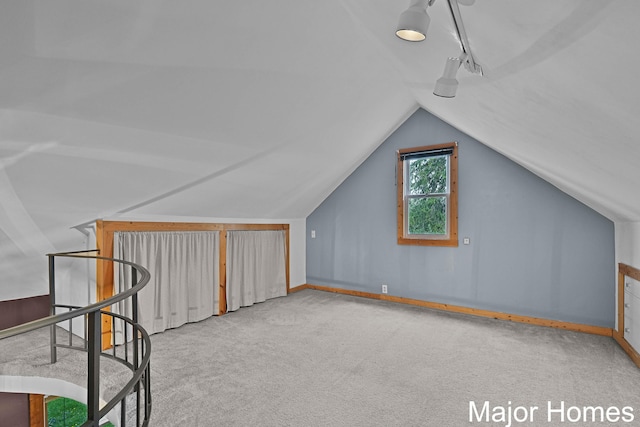 additional living space featuring carpet flooring, baseboards, and lofted ceiling