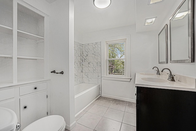 bathroom with tile patterned floors, baseboards, vanity, toilet, and bathing tub / shower combination