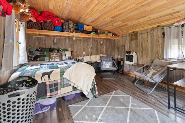 bedroom featuring wood walls, heating unit, lofted ceiling, wood finished floors, and wooden ceiling
