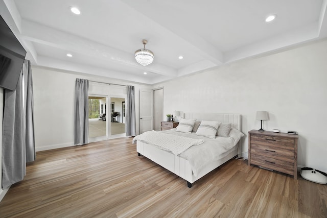bedroom featuring beam ceiling, baseboards, light wood-type flooring, recessed lighting, and access to outside