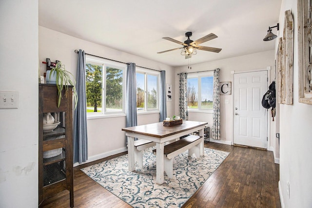 dining area with plenty of natural light, baseboards, ceiling fan, and dark wood finished floors