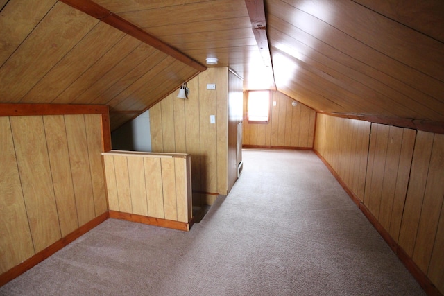 24648 Wilmot Ave, Eastpointe, MI 48021 - additional living space with wooden ceiling, carpet flooring, wood walls, and lofted ceiling