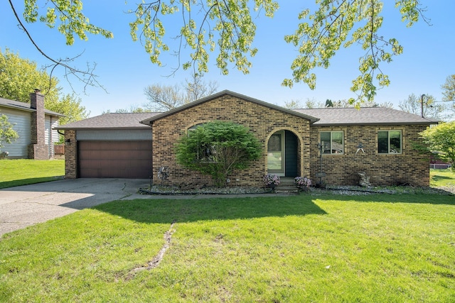 ranch-style home with brick siding, a front lawn, concrete driveway, and a shingled roof