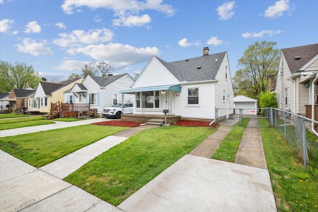 bungalow-style house with a front lawn, fence, a chimney, an outbuilding, and a residential view