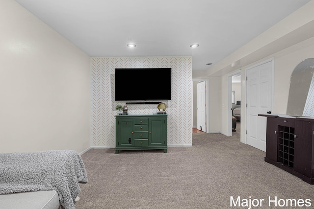 bedroom with carpet flooring, recessed lighting, and baseboards