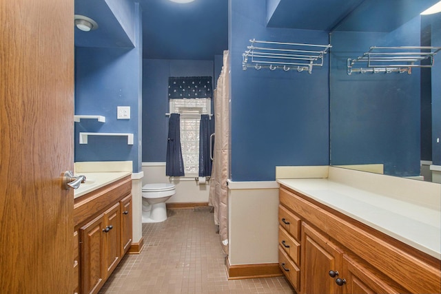 921 Fourth St, Pullman, MI 49450 - bathroom featuring vanity, a shower with shower curtain, tile patterned flooring, and toilet