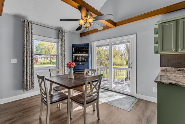dining room with baseboards, a ceiling fan, wood finished floors, and a healthy amount of sunlight