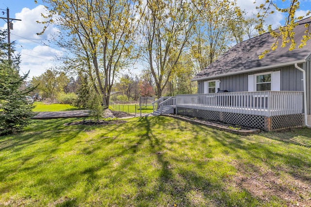 view of yard featuring fence and a wooden deck