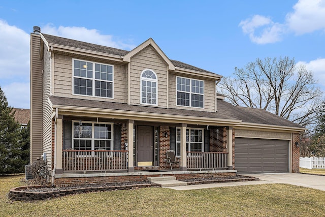 traditional home featuring an attached garage, brick siding, a front yard, concrete driveway, and covered porch