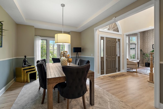 dining space featuring baseboards, a healthy amount of sunlight, a raised ceiling, and light wood-style floors