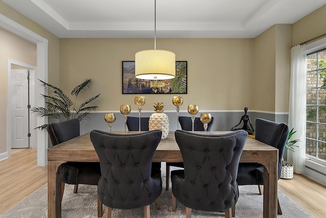 dining area featuring a tray ceiling and wood finished floors