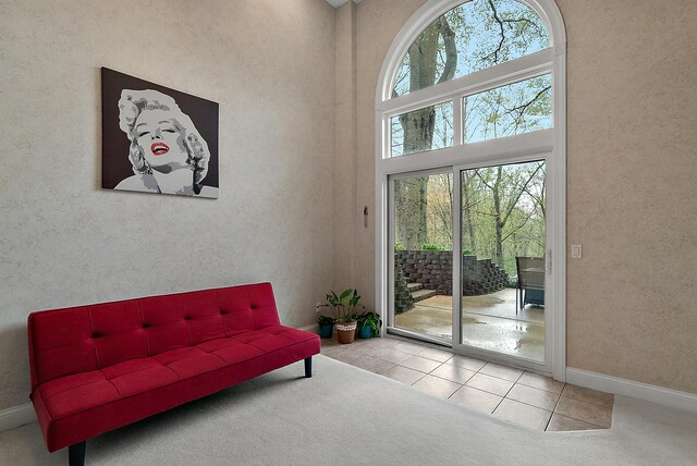 living area featuring carpet floors, baseboards, a high ceiling, and tile patterned flooring