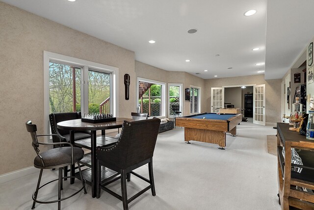 game room featuring billiards, french doors, light colored carpet, baseboards, and recessed lighting
