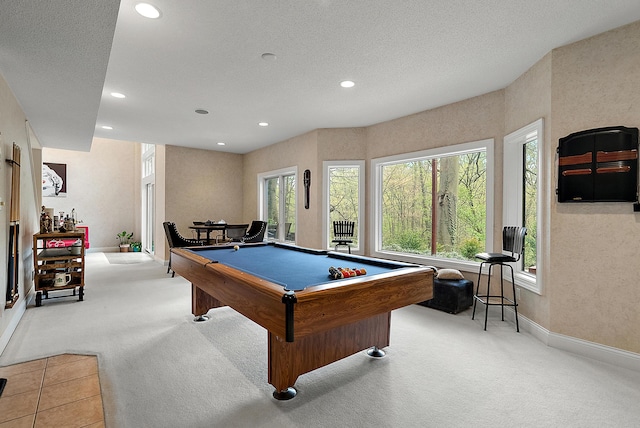 playroom with billiards, carpet flooring, and recessed lighting