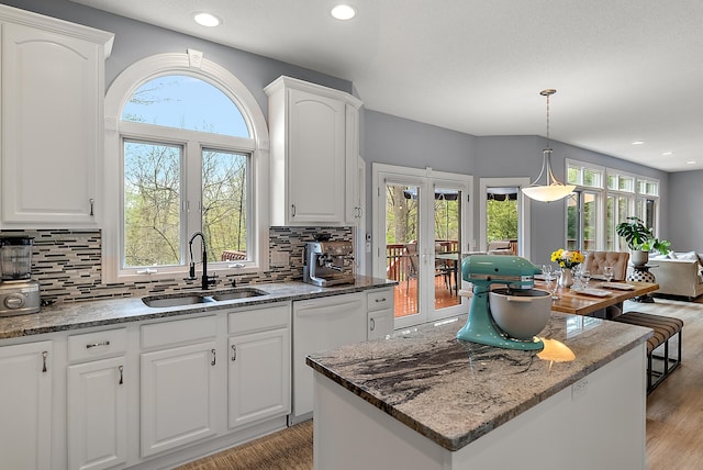 kitchen featuring a sink, decorative backsplash, light wood finished floors, and dishwasher