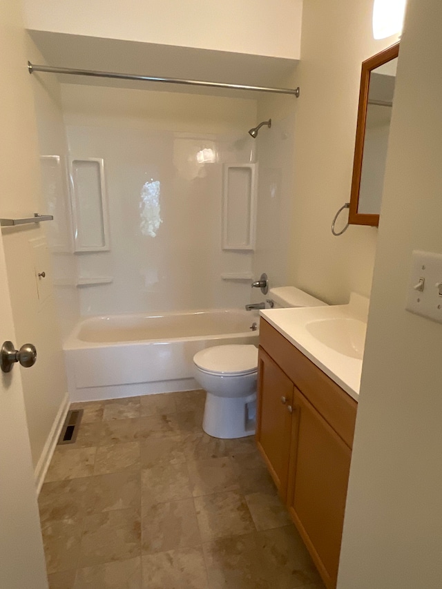 full bath featuring toilet, visible vents, shower / bathing tub combination, and vanity