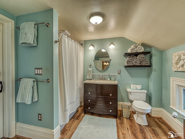 6603 S Stony Creek Rd, Monroe, MI 48162 - full bath featuring baseboards, wood finished floors, vaulted ceiling, and vanity