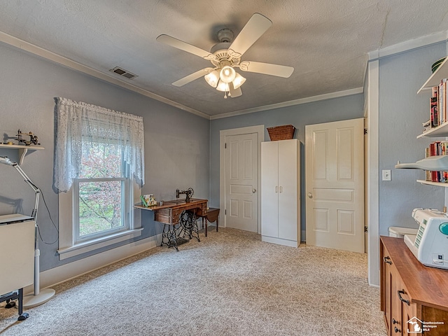 6603 S Stony Creek Rd, Monroe, MI 48162 - interior space with a textured ceiling, ceiling fan, visible vents, and ornamental molding