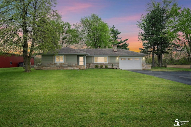 485 W Samaria Rd, Temperance, MI 48182 - ranch-style home featuring a garage, a chimney, stone siding, and driveway