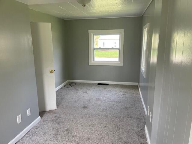 empty room featuring carpet floors, baseboards, and visible vents