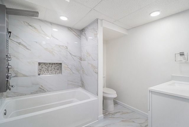 bathroom featuring recessed lighting, bathing tub / shower combination, toilet, and marble finish floor