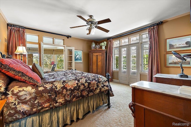 62 Robertson Ct, Clarkston, MI 48346 - bedroom featuring light carpet, crown molding, access to exterior, and a ceiling fan