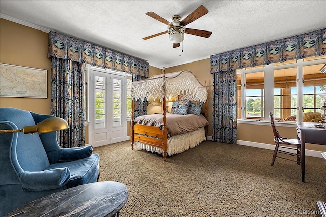 62 Robertson Ct, Clarkston, MI 48346 - carpeted bedroom with crown molding, a textured ceiling, baseboards, and ceiling fan