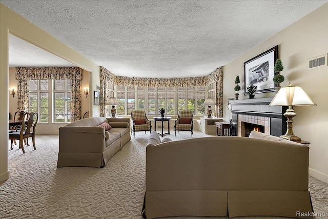62 Robertson Ct, Clarkston, MI 48346 - carpeted living area with plenty of natural light, a tiled fireplace, a textured ceiling, and baseboards