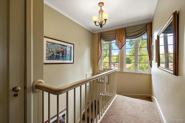62 Robertson Ct, Clarkston, MI 48346 - hall featuring baseboards, a chandelier, crown molding, carpet flooring, and an upstairs landing