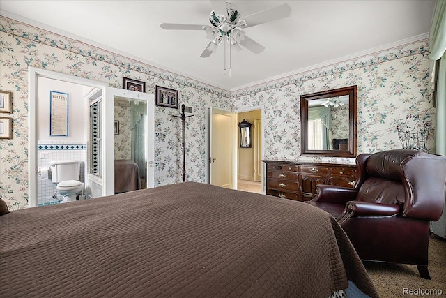 62 Robertson Ct, Clarkston, MI 48346 - bedroom featuring ornamental molding, wallpapered walls, ensuite bath, a ceiling fan, and carpet flooring