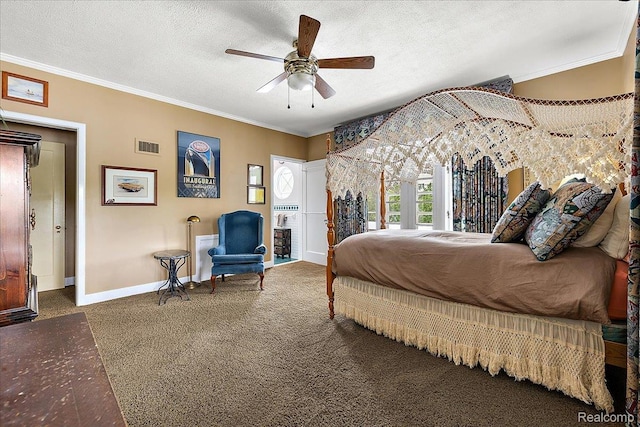 62 Robertson Ct, Clarkston, MI 48346 - bedroom with baseboards, carpet flooring, crown molding, a textured ceiling, and ceiling fan