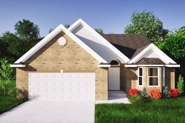 view of front of home with a garage, concrete driveway, and brick siding