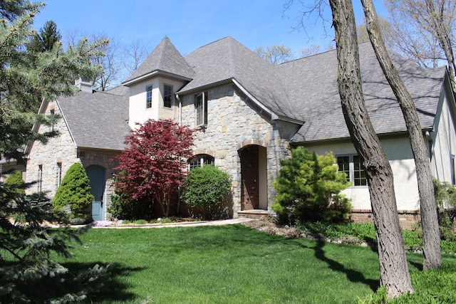 french provincial home featuring a front yard, stone siding, and stucco siding