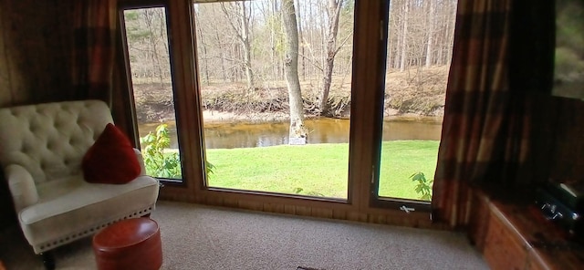 doorway with a water view and carpet