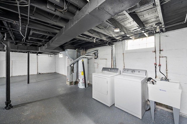 20040 E 8 Mile Rd, Harper Woods, MI 48225 - basement featuring washer and clothes dryer, a sink, and water heater