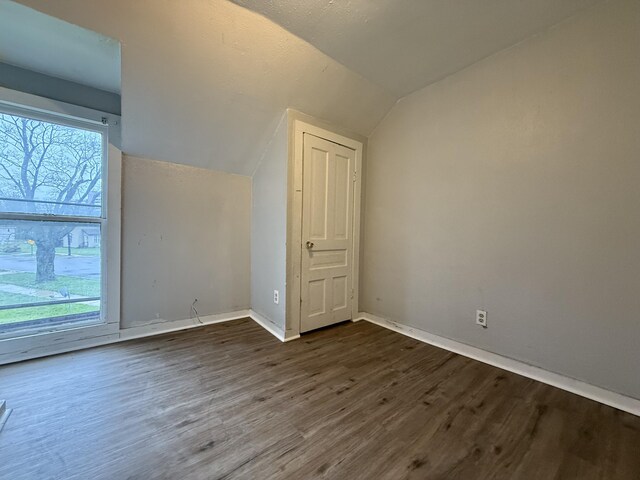 bonus room with baseboards, plenty of natural light, dark wood finished floors, and lofted ceiling