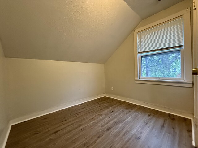 additional living space featuring a textured ceiling, baseboards, vaulted ceiling, and dark wood-style floors