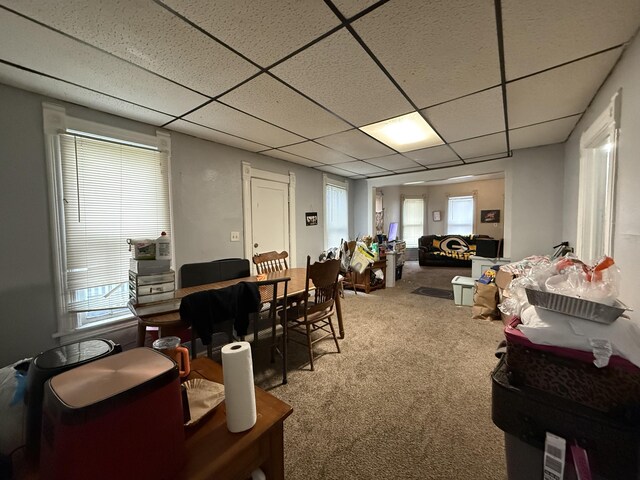 interior space featuring carpet and a paneled ceiling