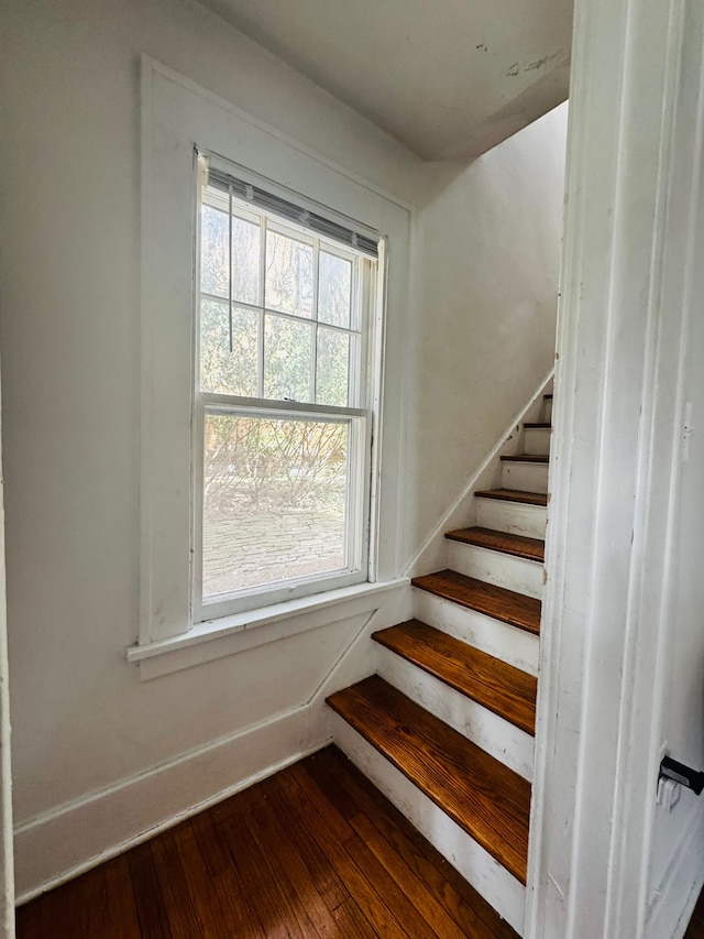 staircase featuring baseboards and wood-type flooring