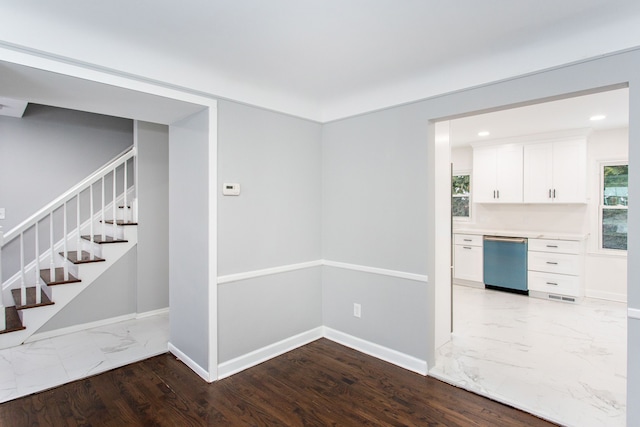 interior space featuring visible vents, marble finish floor, stairs, baseboards, and recessed lighting