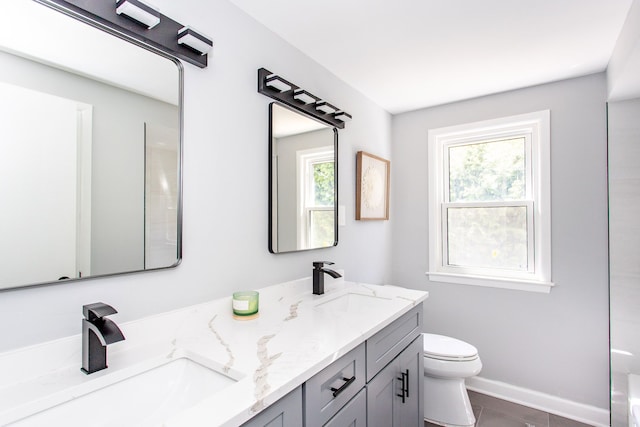full bath featuring double vanity, toilet, baseboards, and a sink