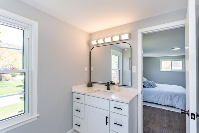 bathroom featuring wood finished floors, plenty of natural light, ensuite bathroom, and vanity