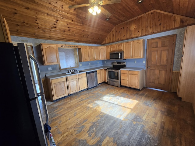 4391 Tamarack Rd, Hillsdale, MI 49242 - kitchen featuring lofted ceiling, dark wood-style floors, appliances with stainless steel finishes, and a sink